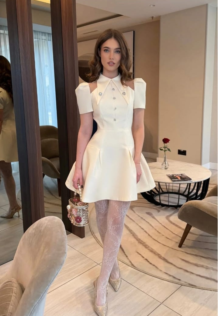 Puff Sleeve Mini Dress With Pointed Collar And Crystal Button Front - Ivoire
