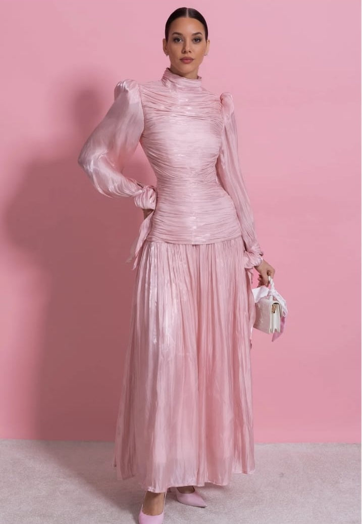 Long Ruched Long Sleeve Dress with Pleated Skirt - Blush Pink