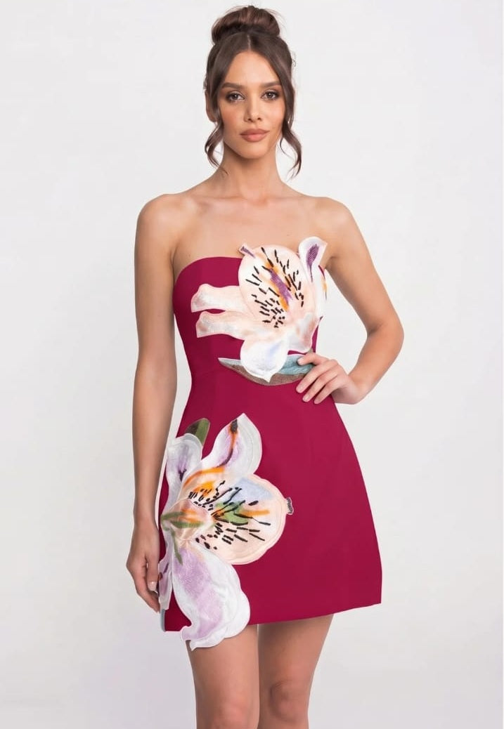 Strapless floral print mini dress with structured bodice - Red