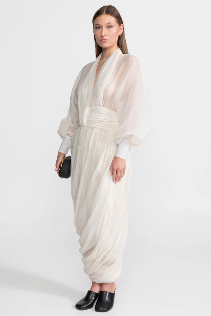 Draped Chiffon Maxi Dress With Long Bishop Sleeves – Ivoire