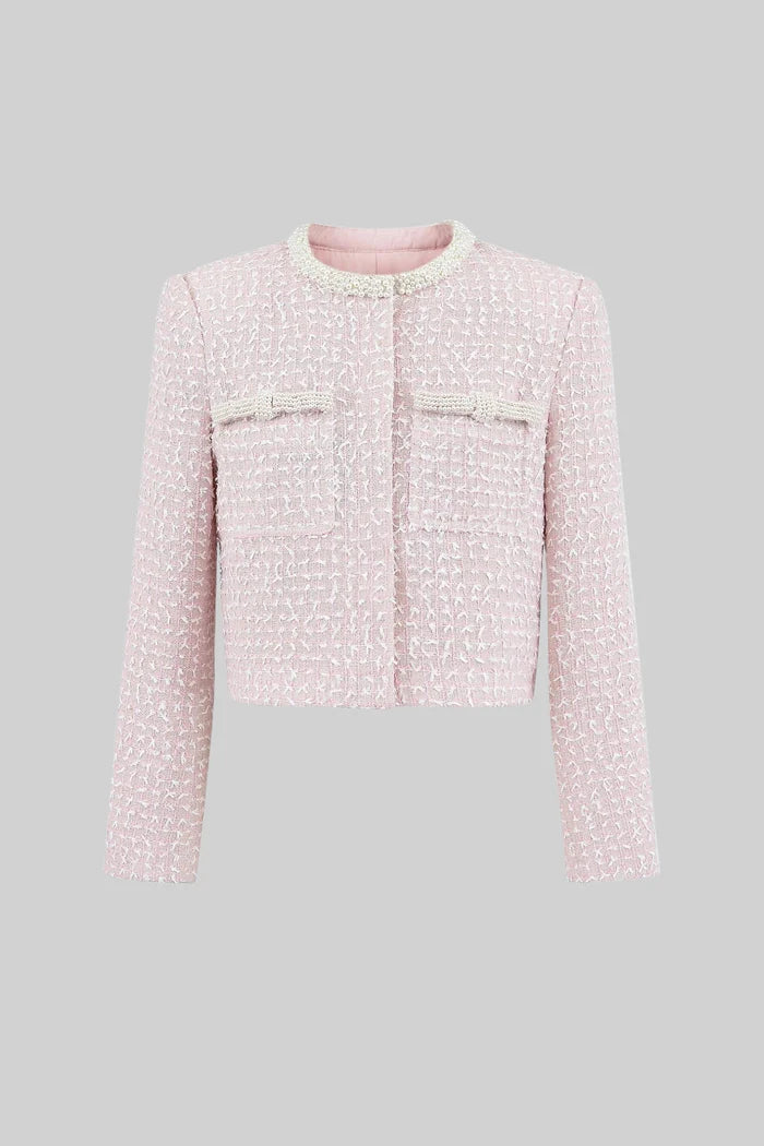 Tweed Set With Cropped Jacket and Sleeveless Mini Dress - Light Pink