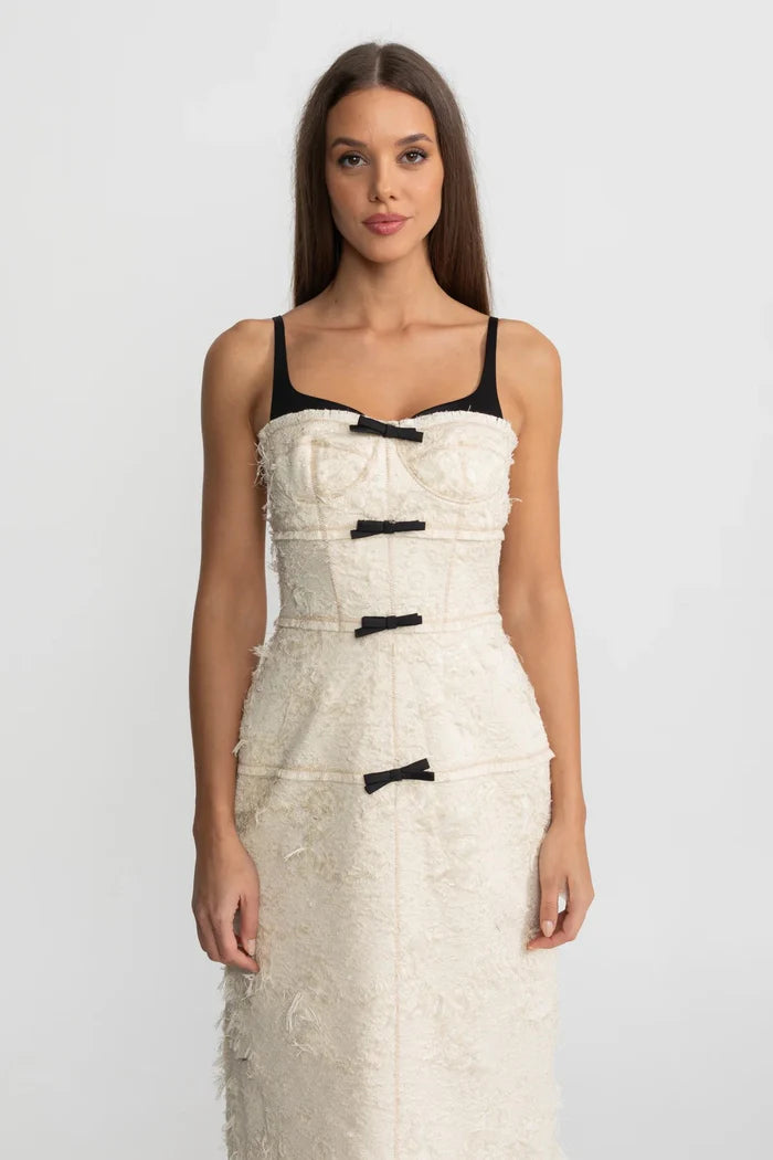 Textured Tweed Midi Dress With Contrast Straps and Bow Detailing – Ivoire