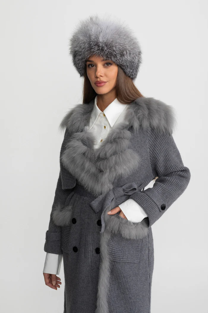 Double-Breasted Wool Knit Overcoat With Fur Trim – Grey