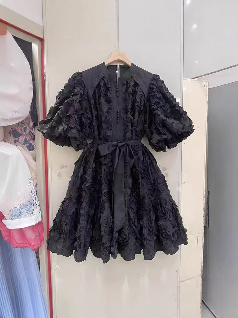 Round neck balloon sleeve short dress