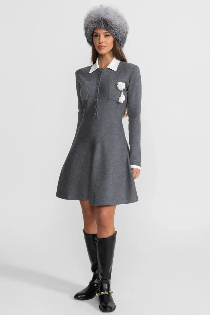Mini Dress with Contrast Collar and Floral Brooch - Gray