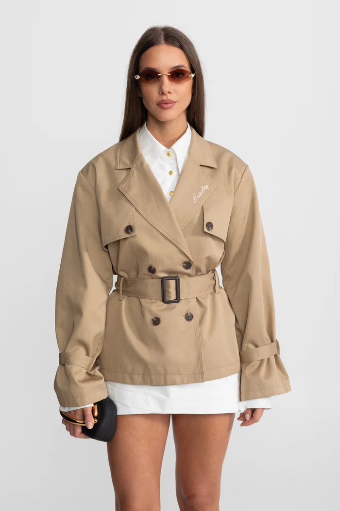 Cropped Double-Breasted Trench Jacket With Belted Waist – Camel