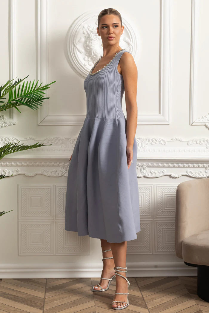 Beaded Scoop-Neck Ribbed Midi Dress - Baby Blue