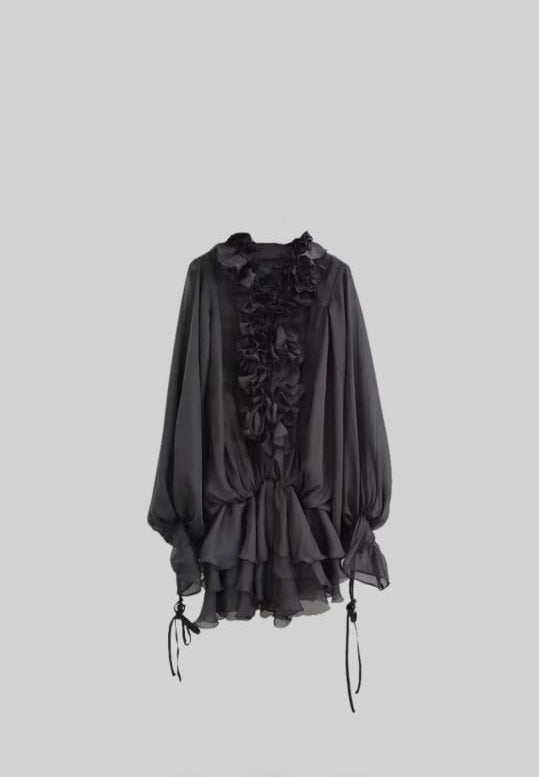 FLOWING SHEER DRESS WITH FLORAL APPLIQUES AND LONG PUFFY SLEEVES - BLACK
