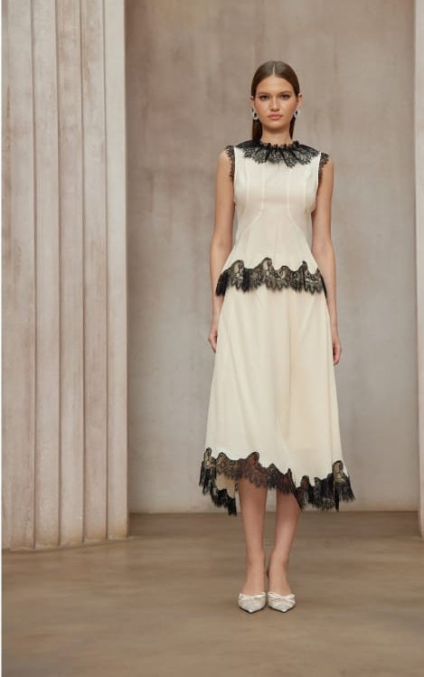 Zsófia Neutral Lace Panel Chiffon Top & Skirt Matching Set