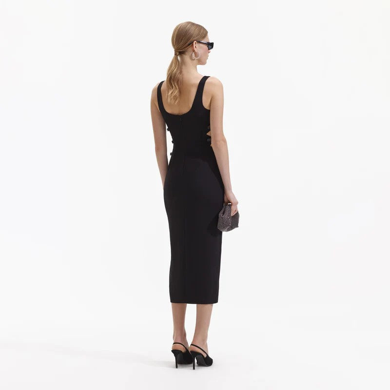 BLACK CREPE BOW MIDI DRESS