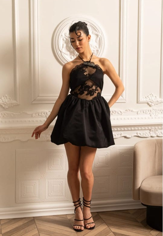 Mini Dress With Ruffled Skirt And Sheer Floral Lace Patterns - Black