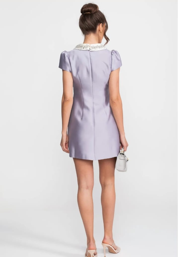 Satin Mini Dress With Crystal Peter Pan Collar And Bow Waist - Lilac
