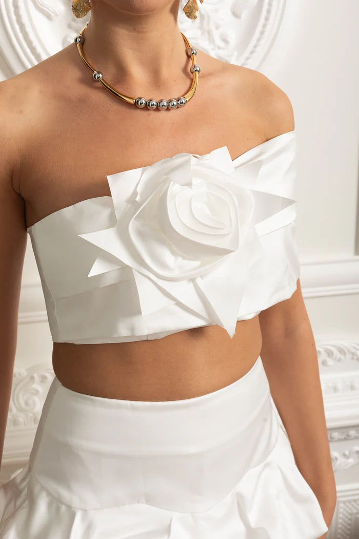 Satin 3D Rosette Co-Ord Set - White