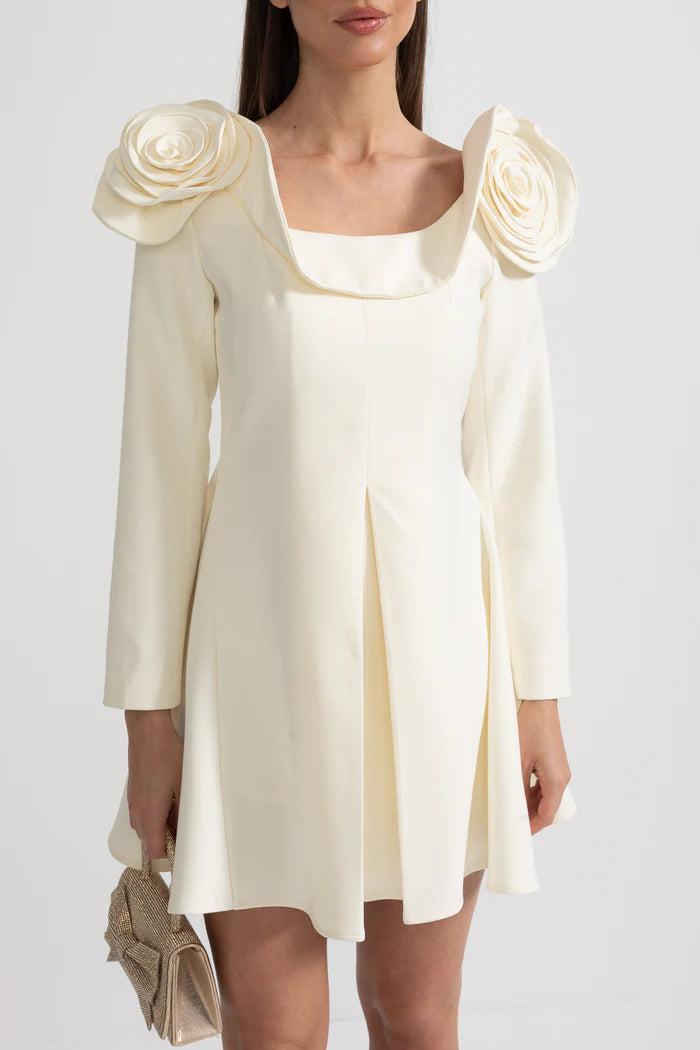 Elegant Mini Dress With Square Neckline, 3D Floral Appliques And Flared Skirt - Ivoire