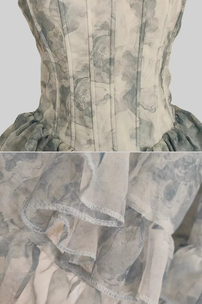 Elegant Corset Mini Dress With Layered Sheer Skirt And Pastel Floral Pattern - White/Blue