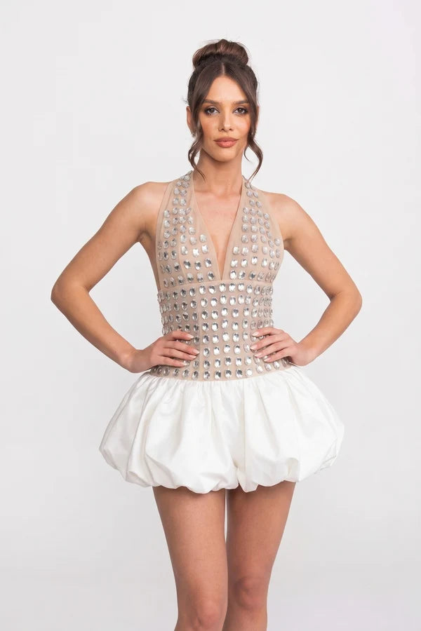 Crystal-Embellished Halter Mini Dress With Bubble Skirt - White