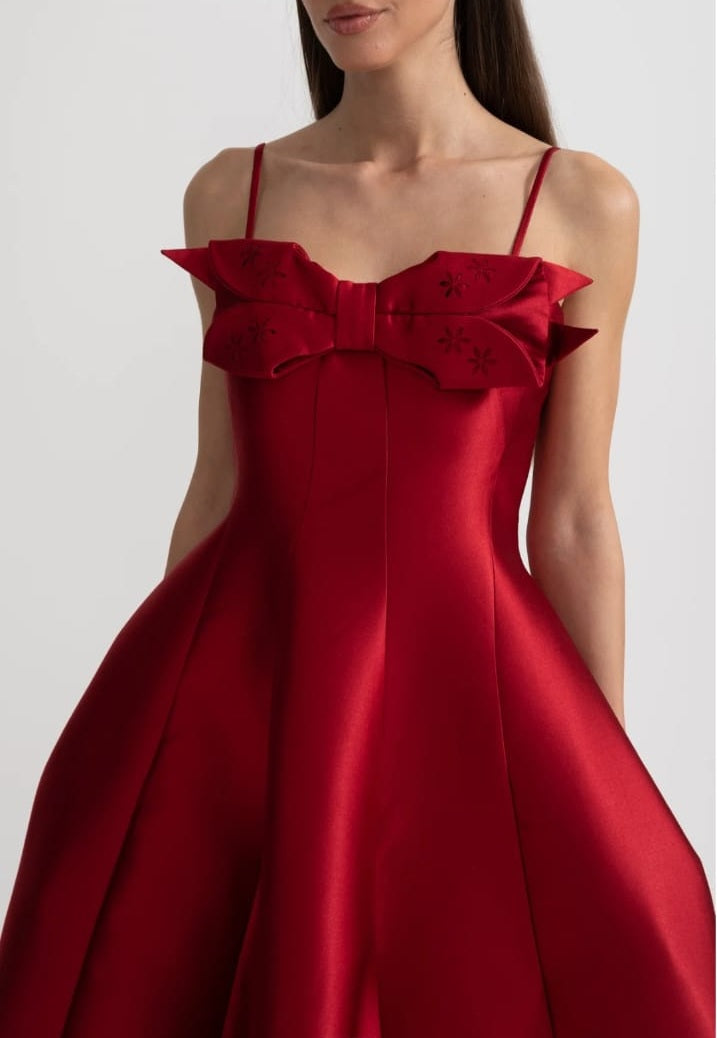 Midi Satin Dress With Fitted Bodice, Delicate Thin Straps And Bow Accent - Red