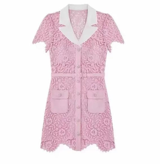 Self-Portrait Pink Rose Lace Mini Dress Collared Short Sleeve Dress for Women