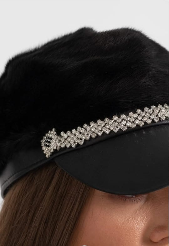 Mink Fur Hat With Leather Visor - Black