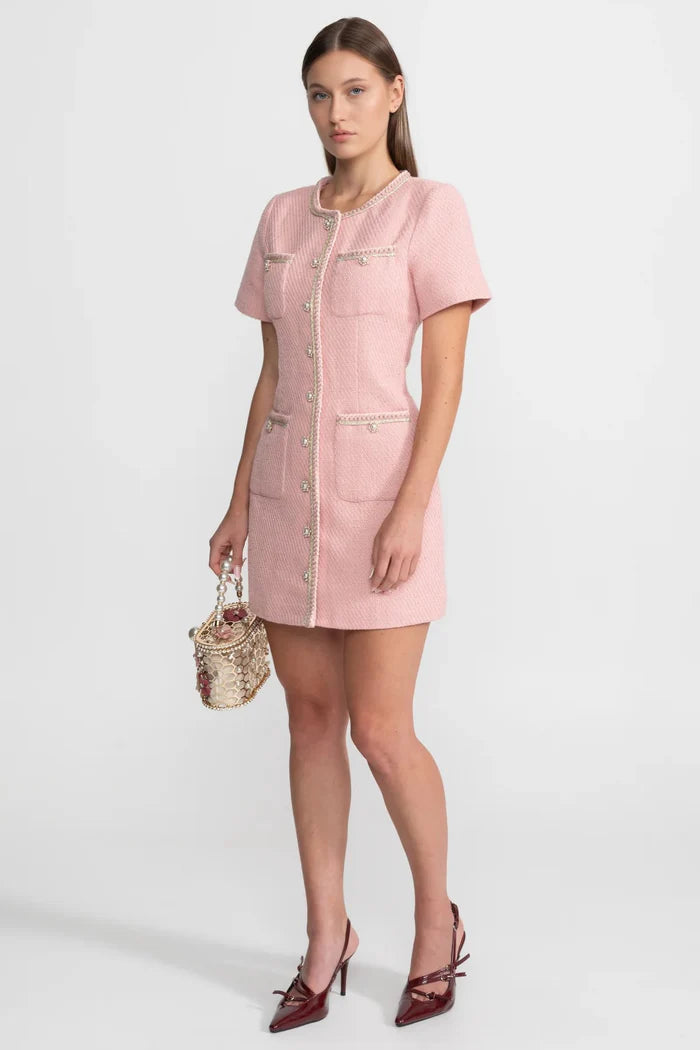 Short Sleeve Tweed Mini Dress With Pearl Buttons – Blush Pink