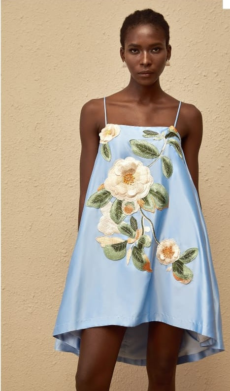 Avril Blue Floral Embroidered Satin Mini Dress