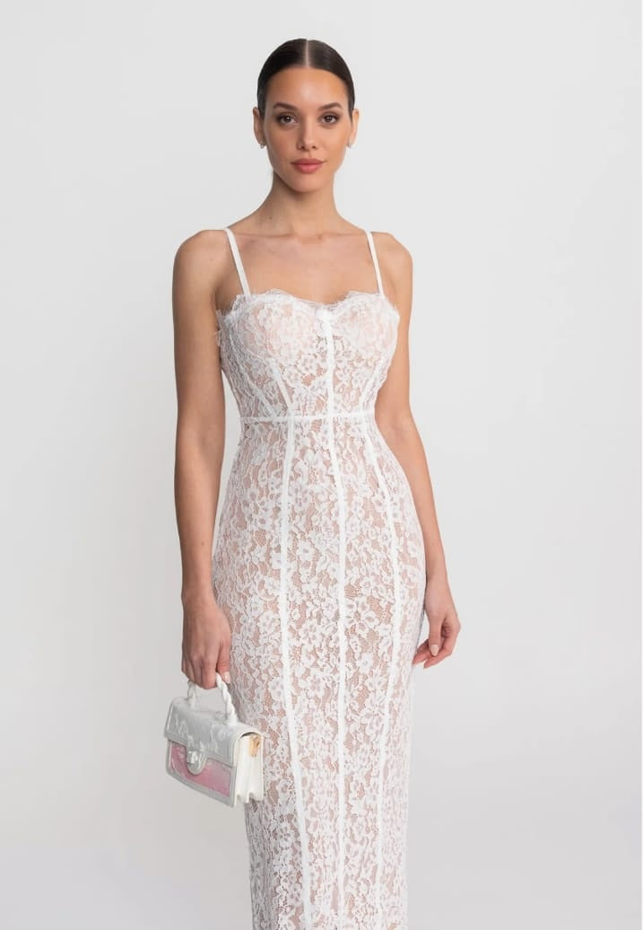 Lace Midi Dress With Sheer Corset Bodice - White