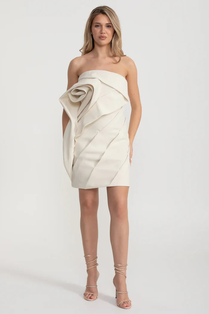 Fitted Mini Dress With Intricate Folds And Swirls - Beige