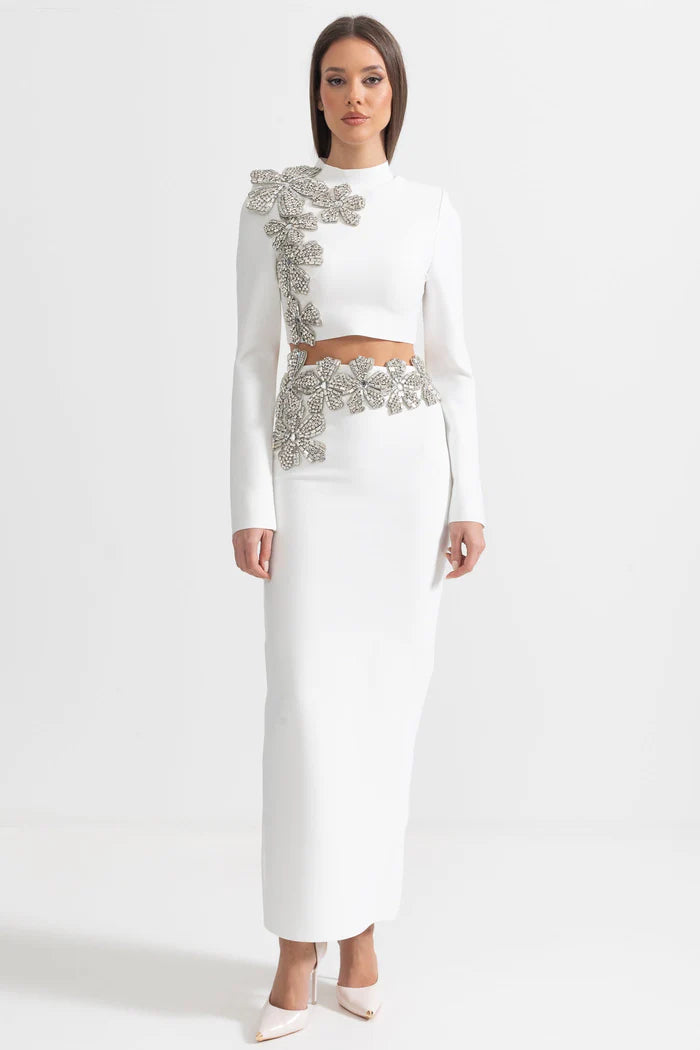Diamond Flower Accent 2 Piece Set With Long Sleeves Top And Maxi Skirt - White