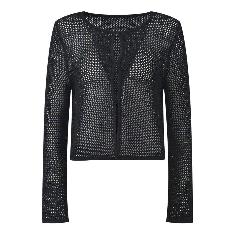 Hollow Out Round Neck Slim Fit Knitted Cardigan + Slip Dress Set