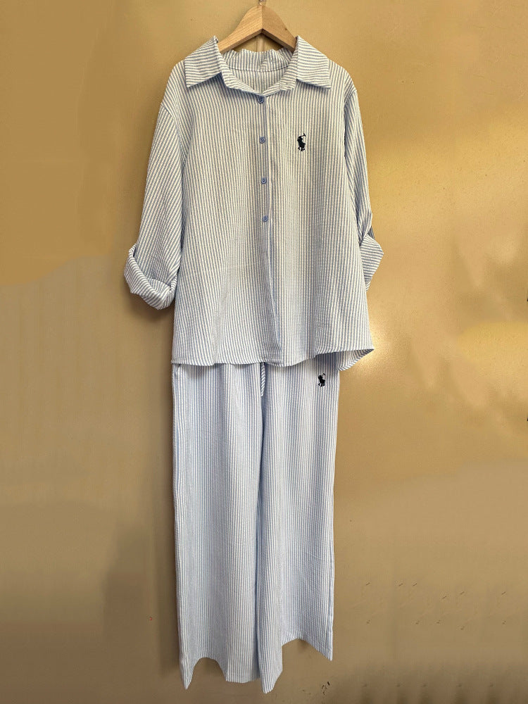 Ensemble de correspondance de chemises lâches en coton et en lin à rayures à rayures pour femmes