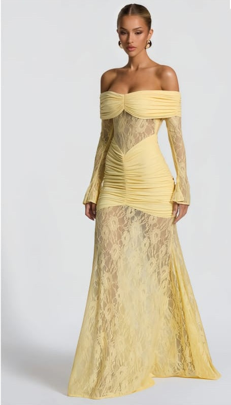 Brigitte Yellow Lace Panel Ruched Maxi Dress