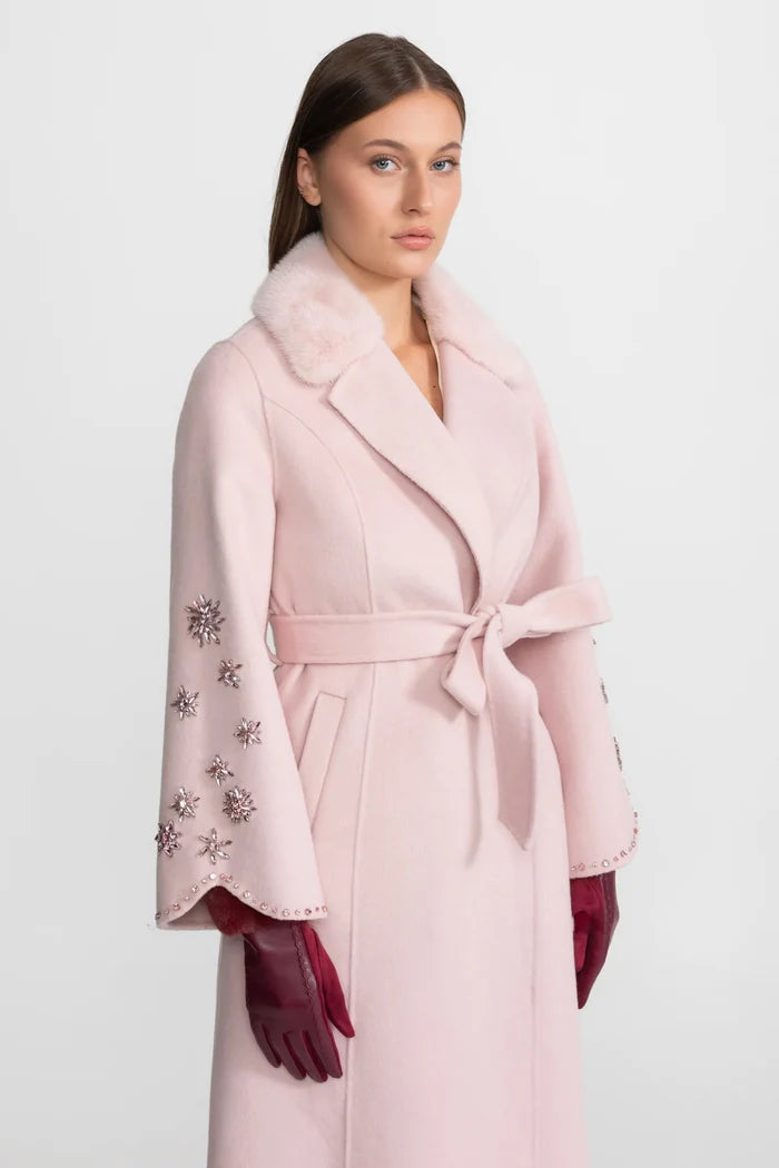 Embellished Wool Overcoat With Fox Fur Collar – Pink