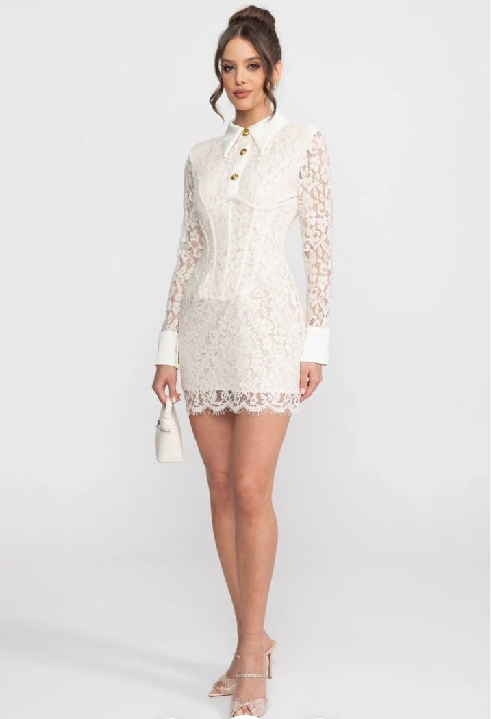 Long Sleeved Lace Mini Dress With Scallop Hem - Ivoire