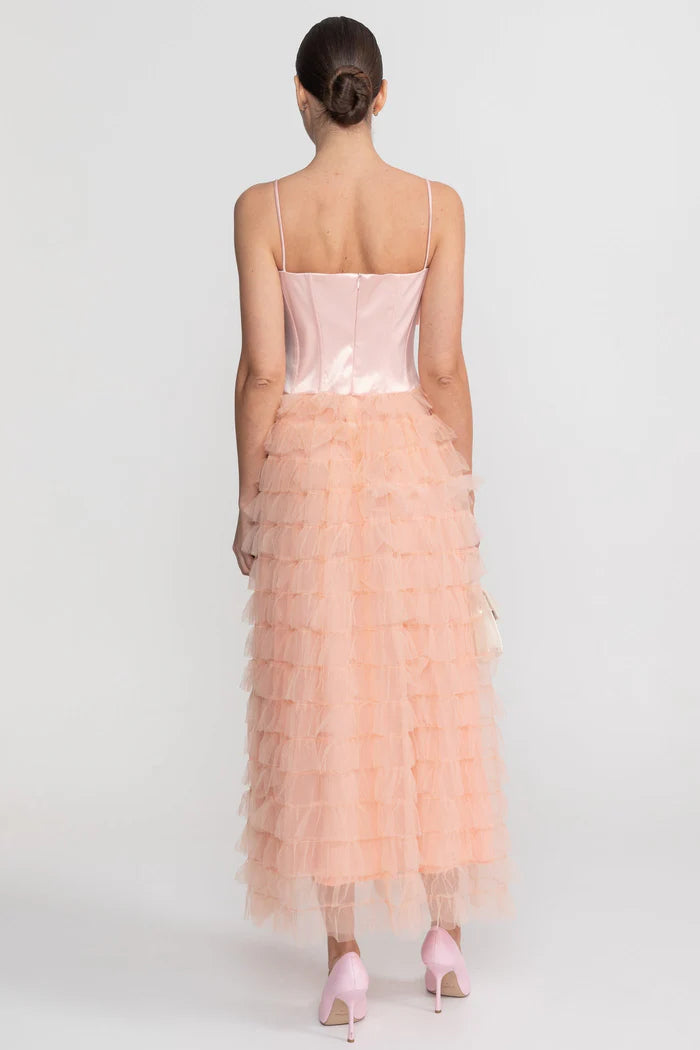 Satin Bow Strap Maxi Dress With Tiered Tulle Skirt - Blush Pink