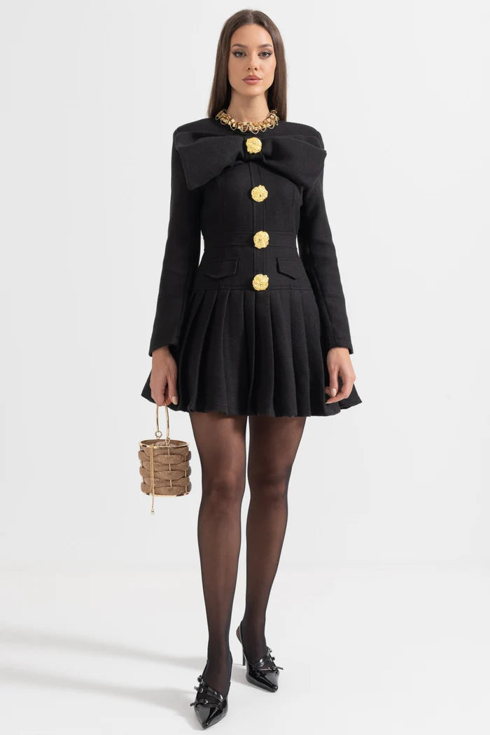 Buttoned Dress With Large Decorative Gold Buttons And Neckline Bow - Black