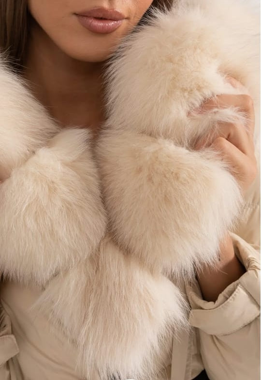 Long Puffer Jacket With White Fox Fur-Lined Hood -Beige