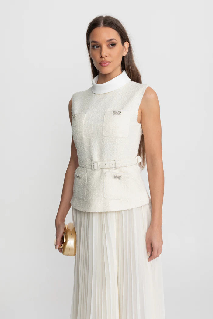 Sleeveless Textured Midi Dress with Pleated Chiffon Skirt – Ivoire