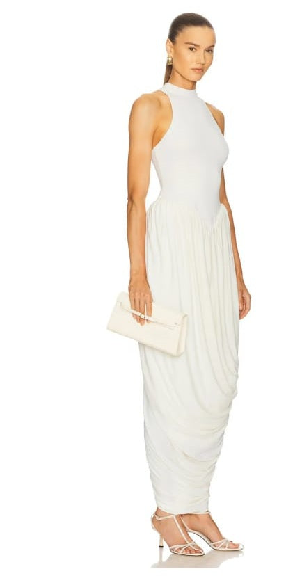 Catalina White Halterneck Draped Maxi Dress-white
