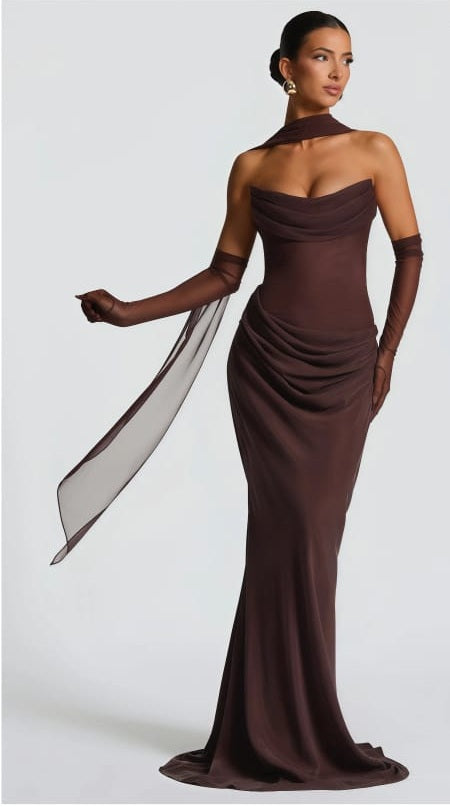 Vedette Brown Ruched Corset Maxi Dress