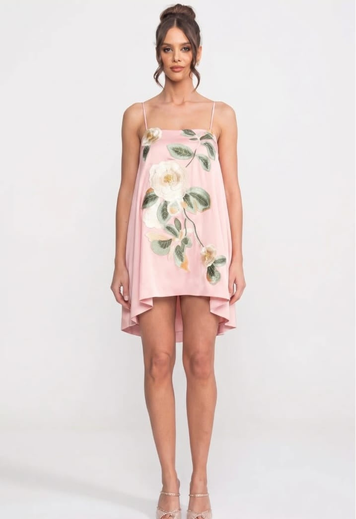 Spaghetti-Strap Mini Dress With 3D Floral Appliqué And A-Line Skirt - Pink