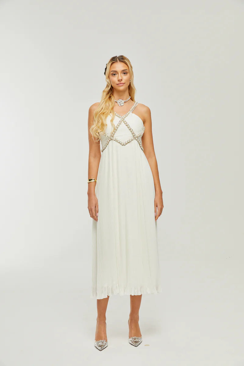 Hermine V-neck faux-pearl embellished midi dress