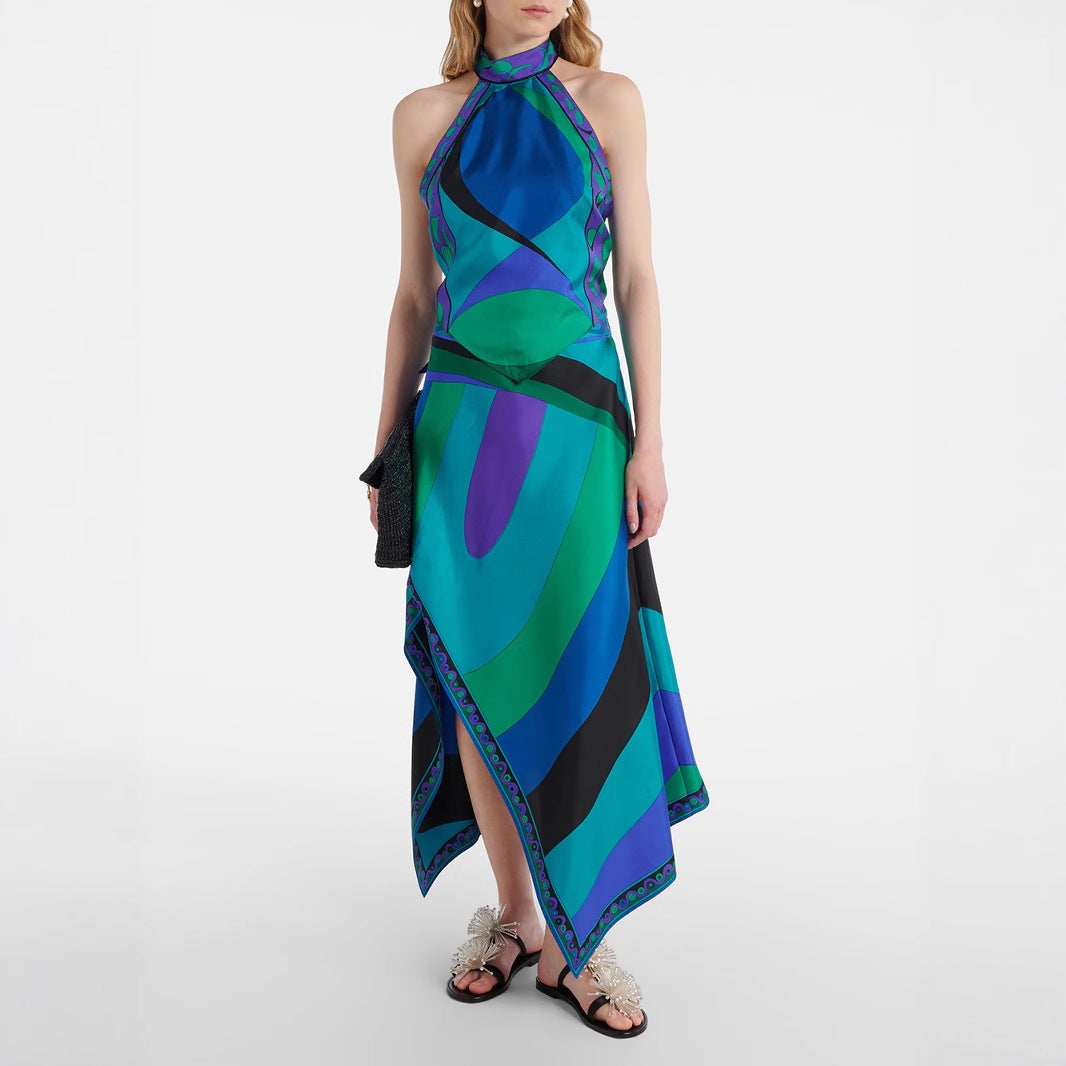Printed satin hanging neck backless top irregular skirt two-piece suit