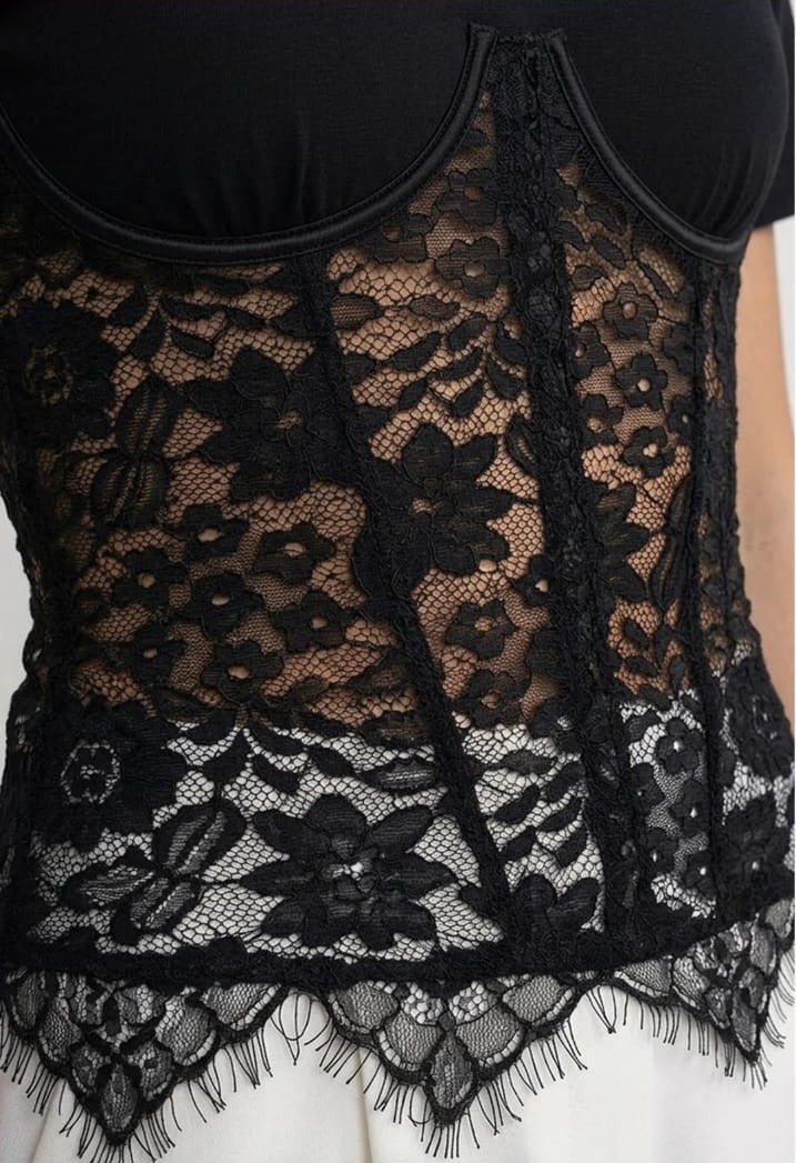 Short Sleeve Top With Lace Corset Overlay - Black