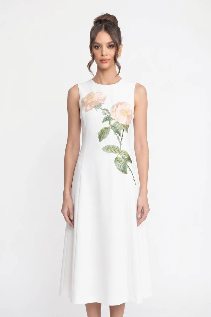Sleeveless Midi Dress With 3D Floral Appliqué And Full Skirt - Whit