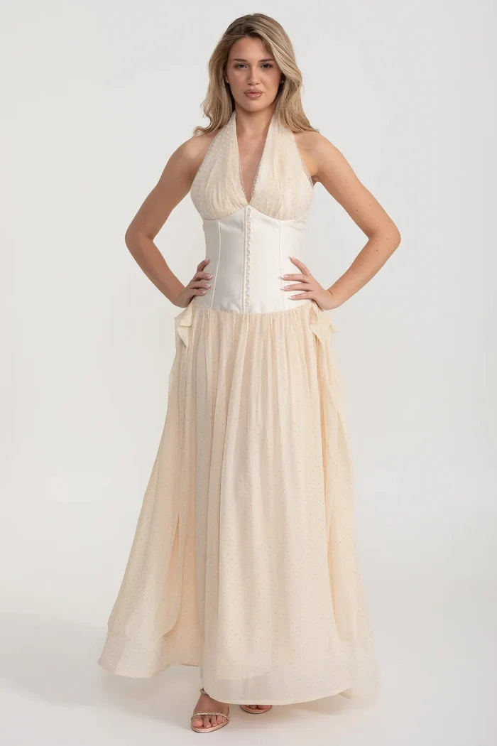 Robe élégante avec corsage de style corset ajusté et jupe maxi fluide - ivoire