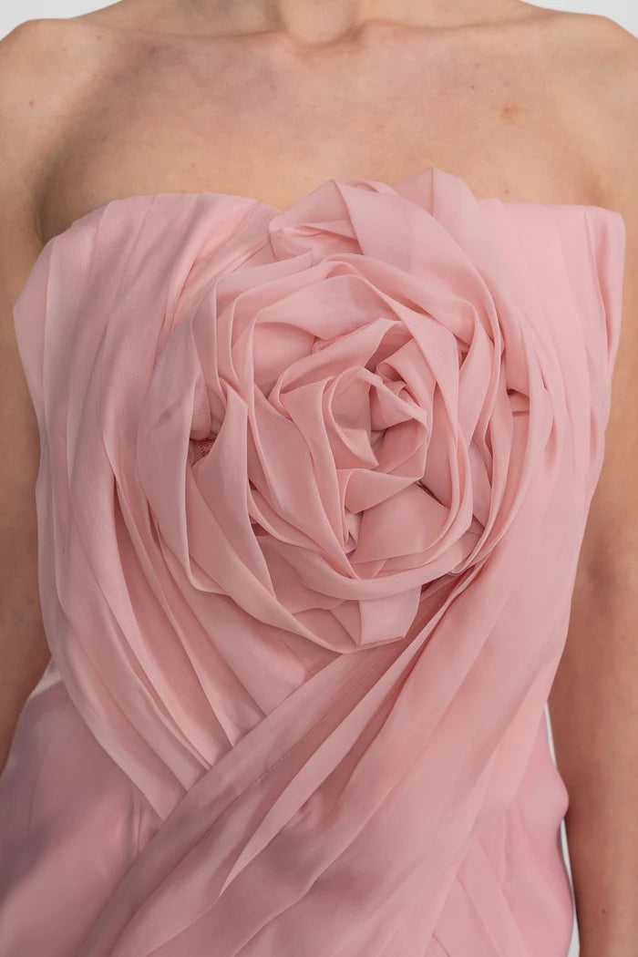 Strapless Mini Dress With Draped Bodice And 3D Rose Appliqués - Blush Pink
