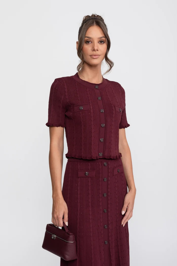 Ribbed Knit Co-Ord Set With Buttoned Front Cardigan And Matching Maxi Skirt - Burgundy