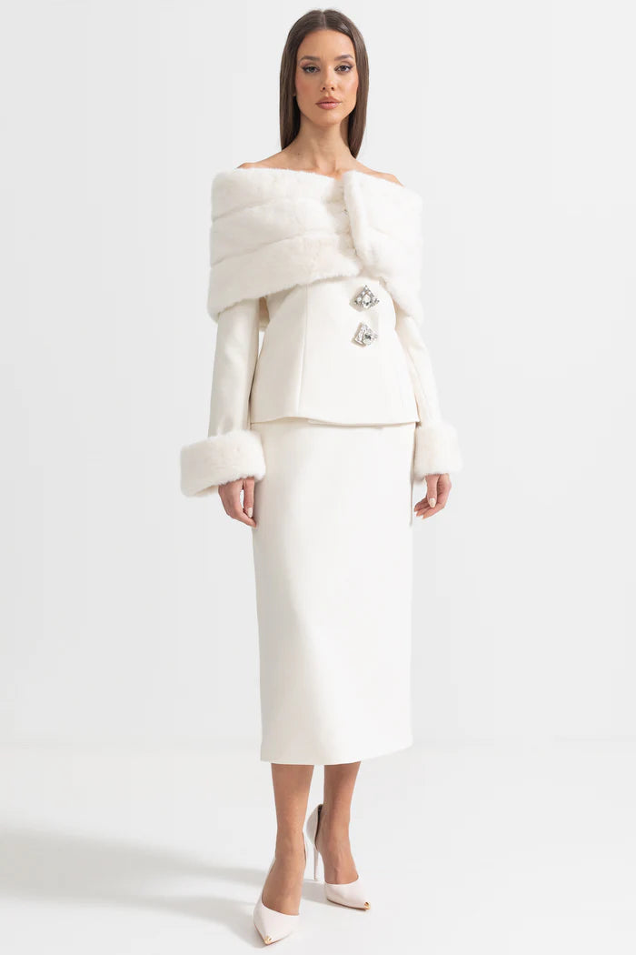 Two-Piece Ensemble With Faux Fur Shawl, Cuffs And Midi Skirt - White
