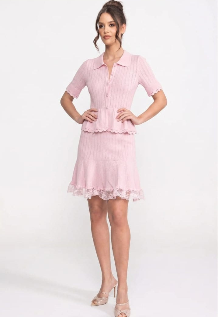 Polo-Collar Mini Dress With Button Top, Peplum Waist And Lace Hem - Pink