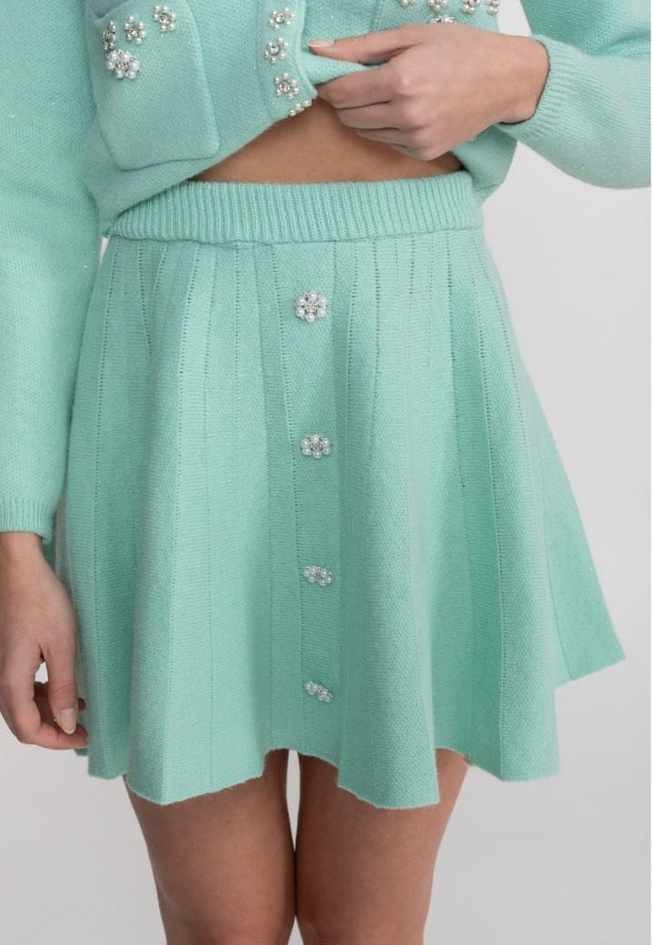 Knit Co-Ord Set With Long Sleeve Cardigan And Matching Mini Skirt -Blue